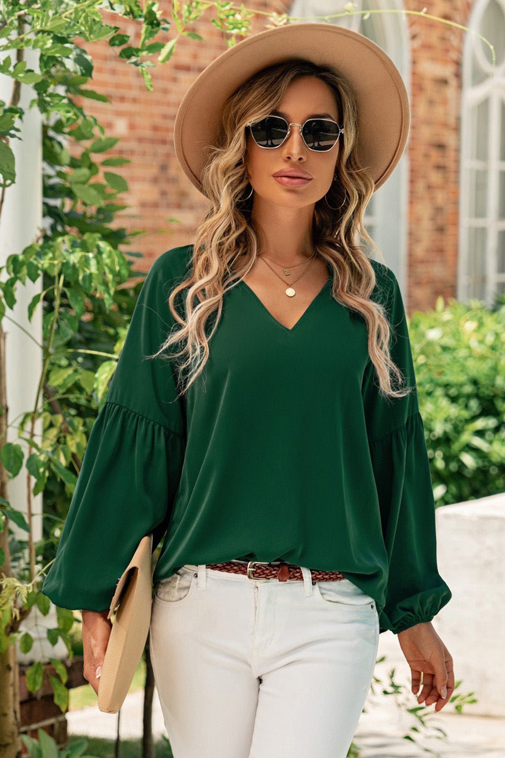 Ruched Notched Balloon Sleeve Blouse - Luminous Bear