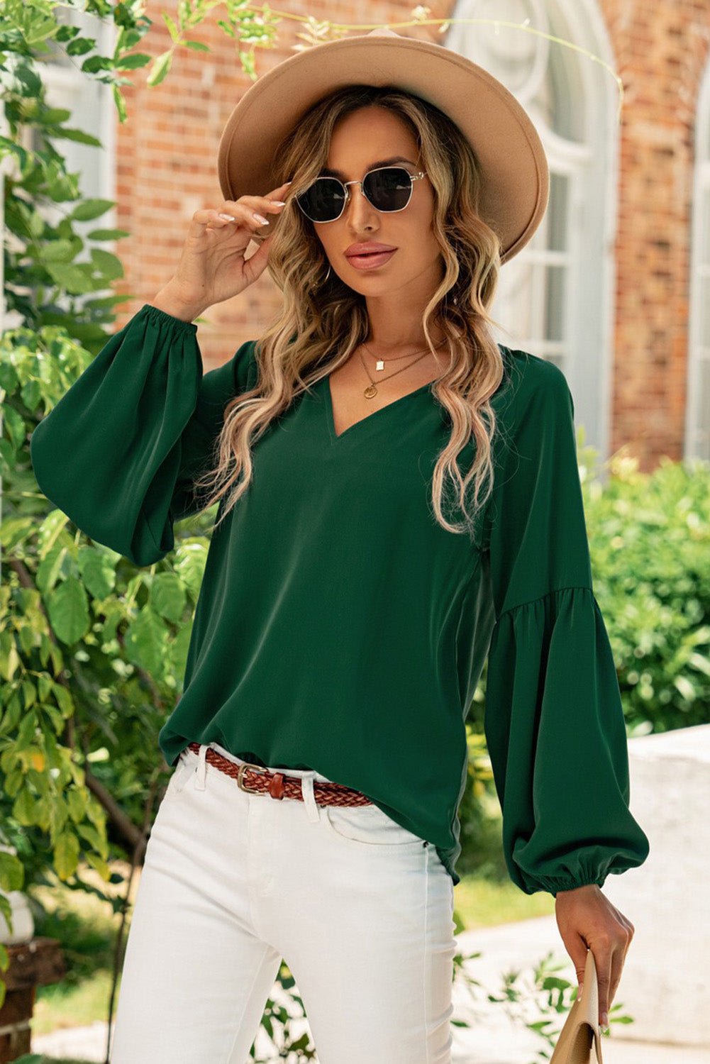 Ruched Notched Balloon Sleeve Blouse - Luminous Bear