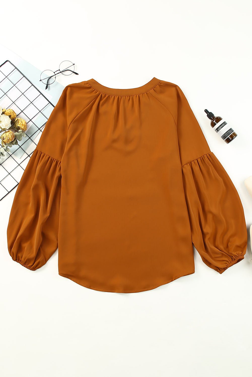 Ruched Notched Balloon Sleeve Blouse - Luminous Bear