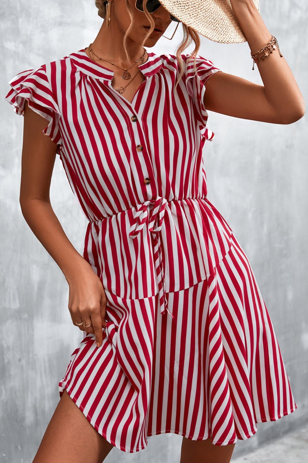 Ruffled Striped Cap Sleeve Mini Dress - Luminous Bear