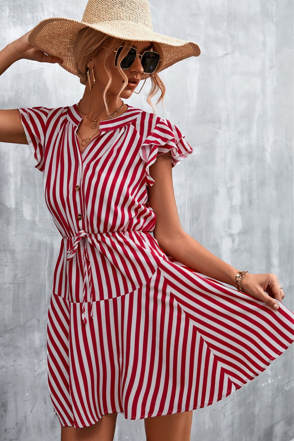 Ruffled Striped Cap Sleeve Mini Dress - Luminous Bear