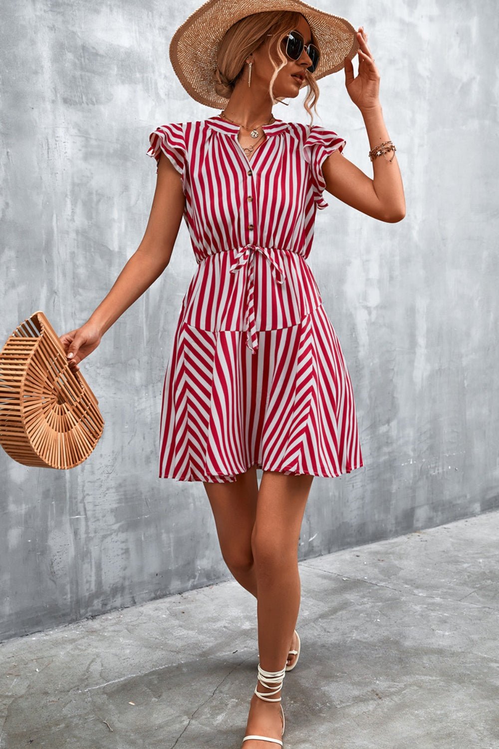 Ruffled Striped Cap Sleeve Mini Dress - Luminous Bear