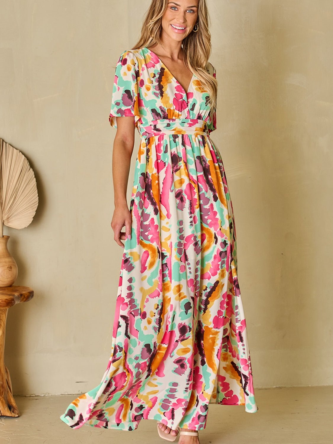 Slit Printed Surplice Short Sleeve Maxi Dress - Luminous Bear