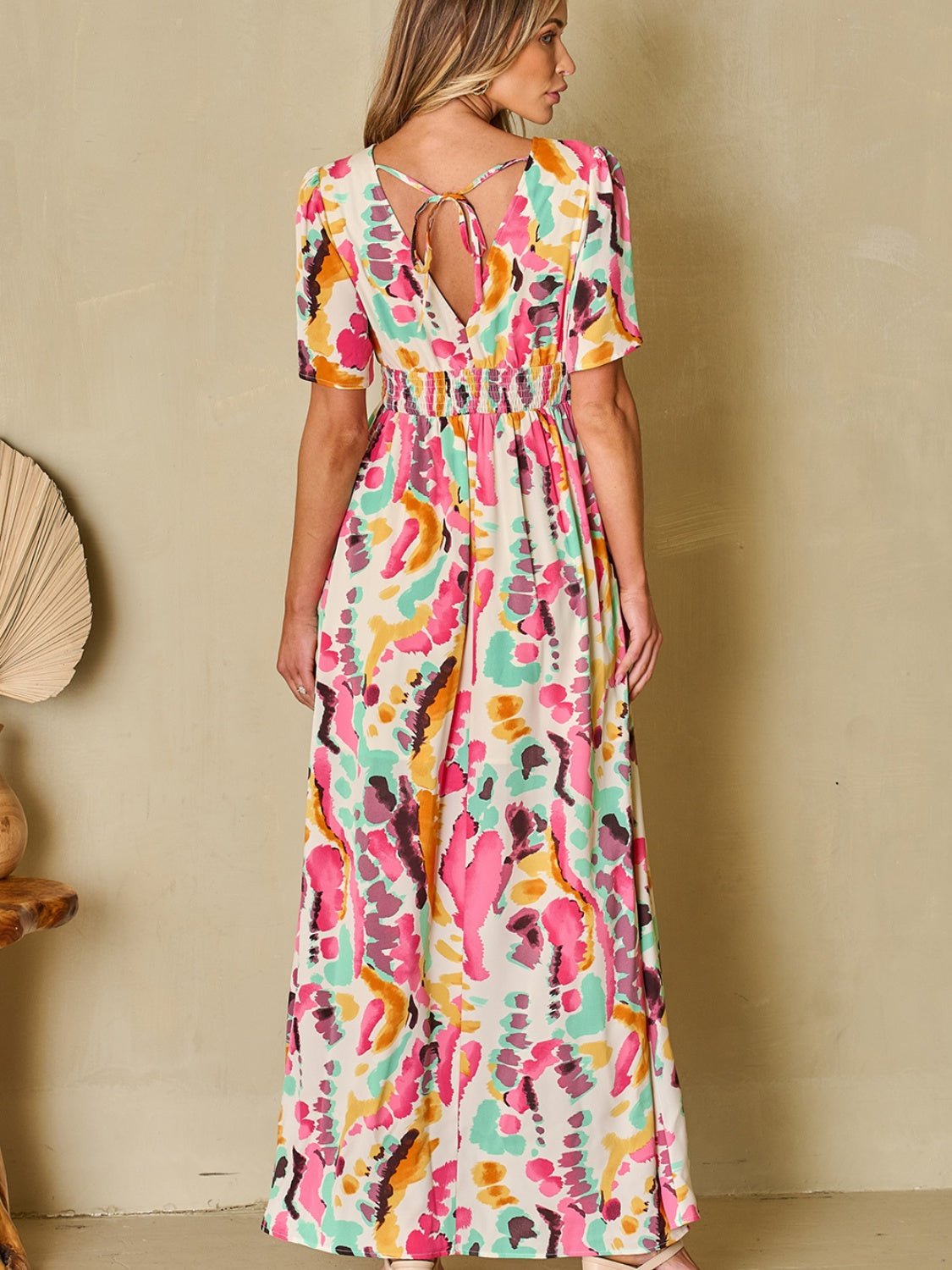 Slit Printed Surplice Short Sleeve Maxi Dress - Luminous Bear