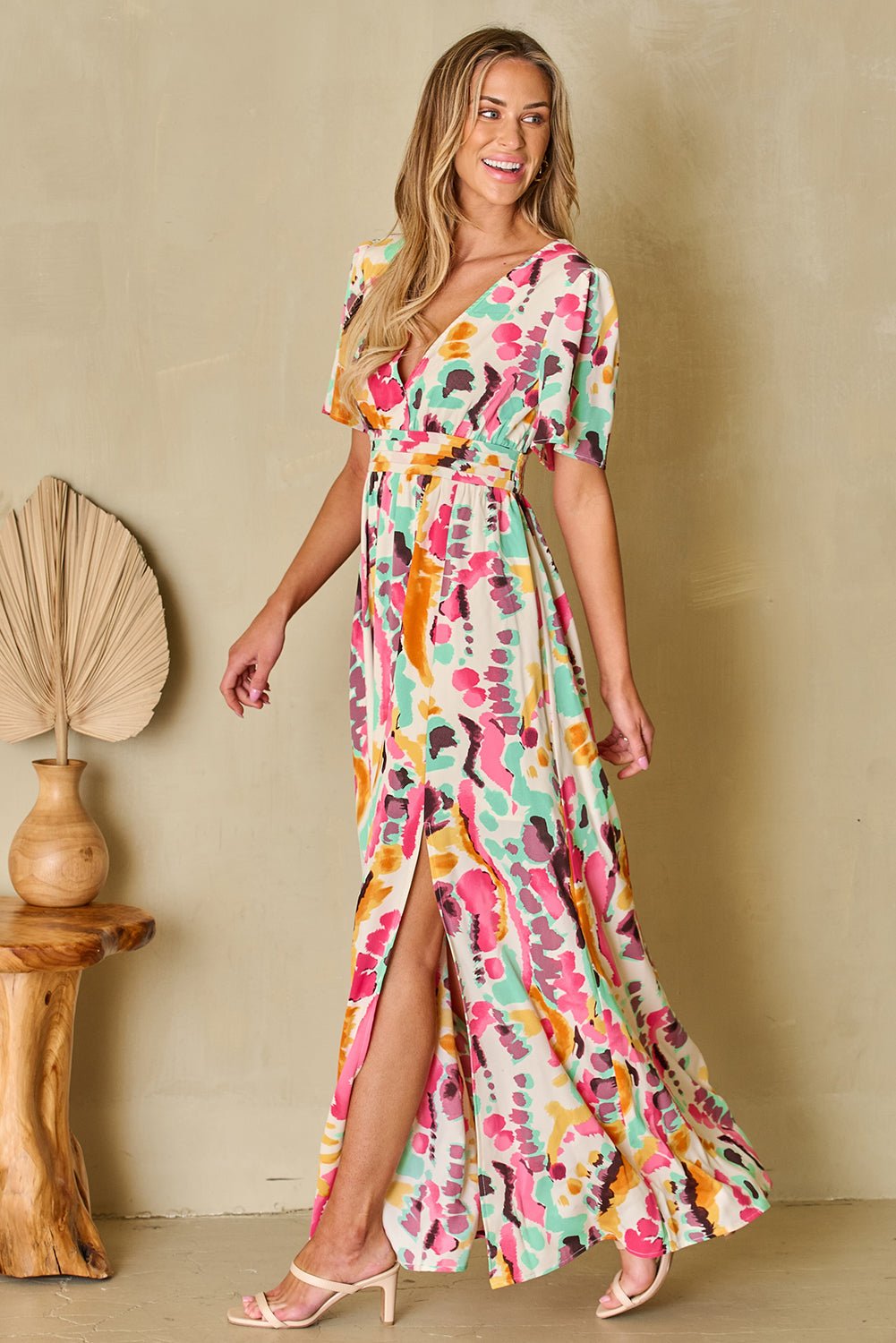 Slit Printed Surplice Short Sleeve Maxi Dress - Luminous Bear