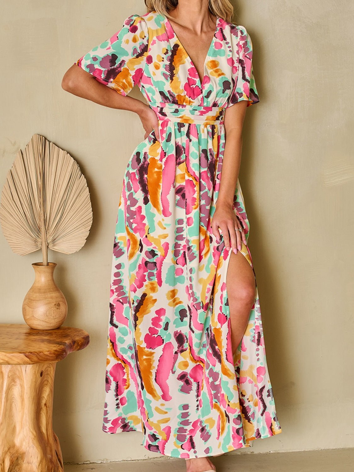 Slit Printed Surplice Short Sleeve Maxi Dress - Luminous Bear