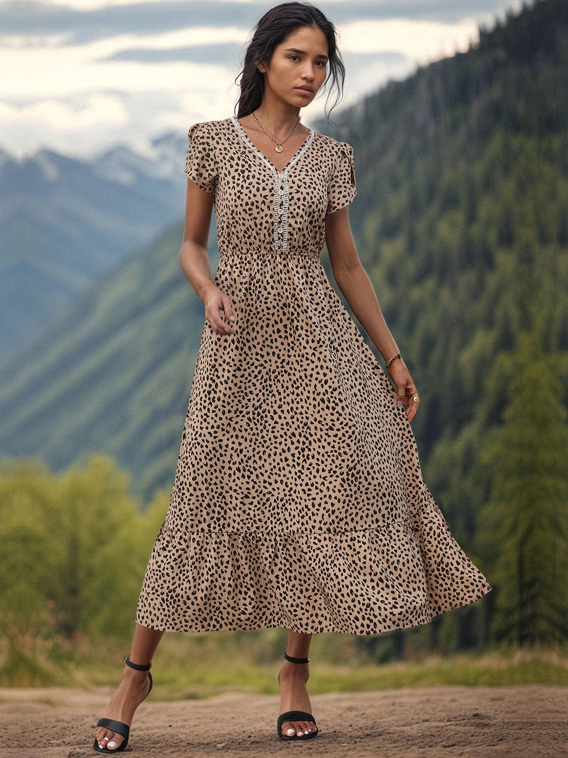 Slit Printed V-Neck Short Sleeve Dress - Luminous Bear