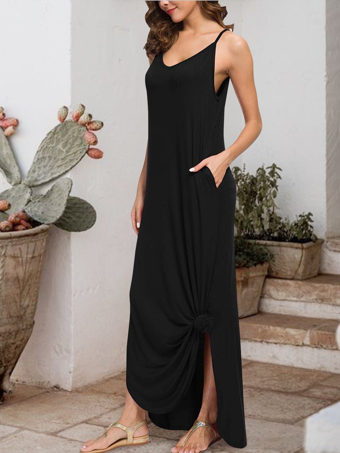 Slit Scoop Neck Sleeveless Dress - Luminous Bear