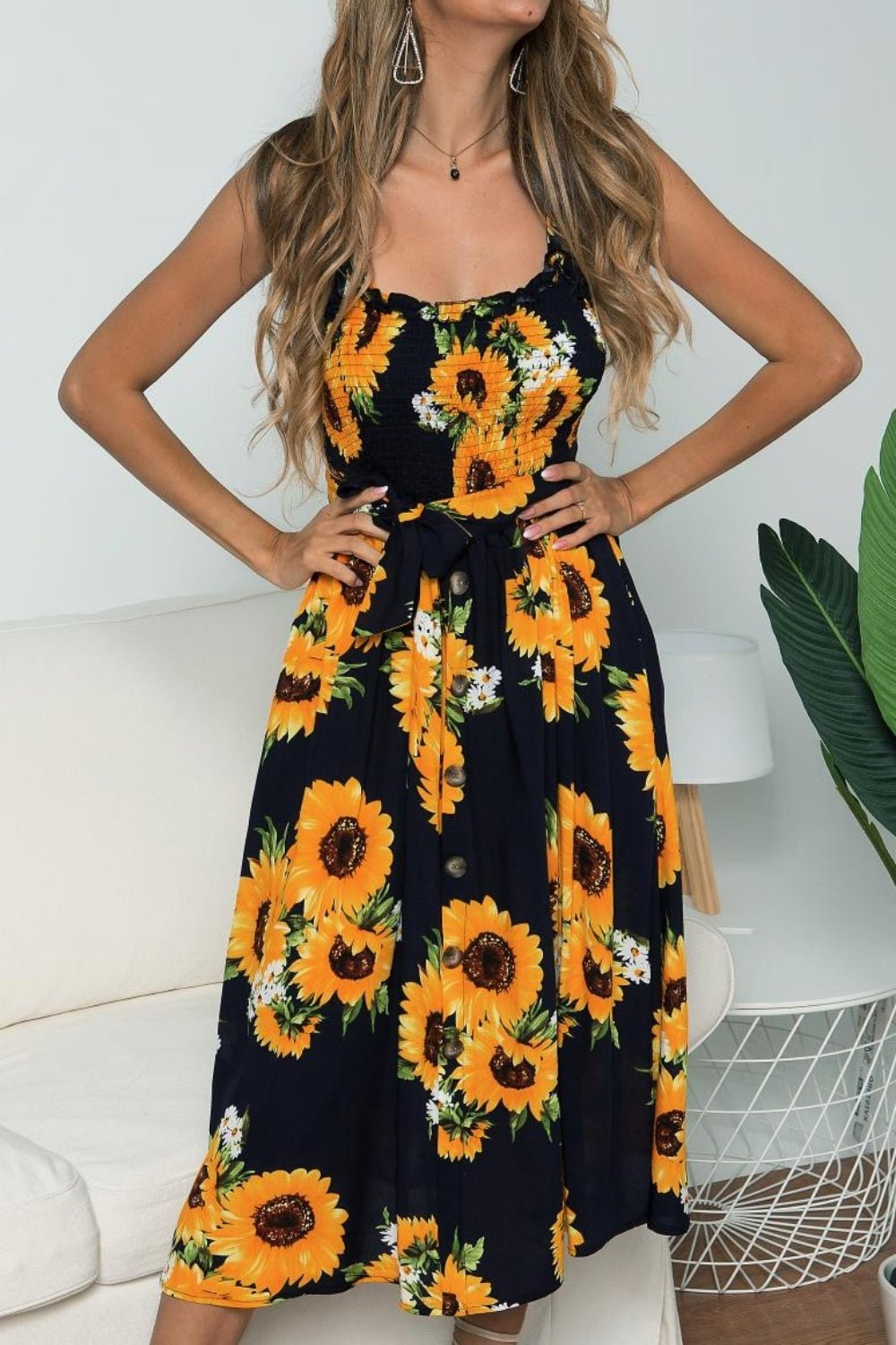 Smocked Sunflower Printed Sleeveless Cami Dress - Luminous Bear