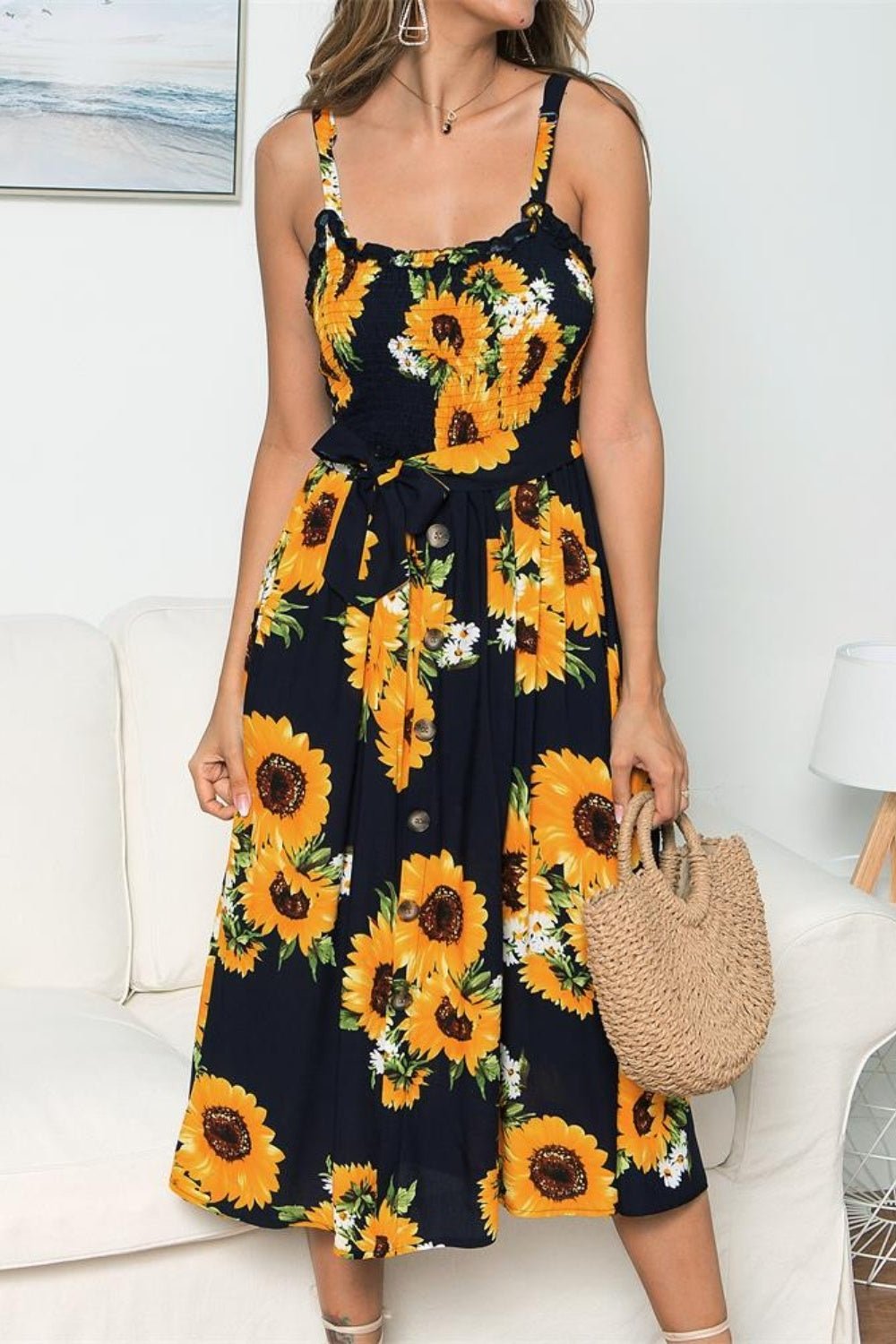 Smocked Sunflower Printed Sleeveless Cami Dress - Luminous Bear