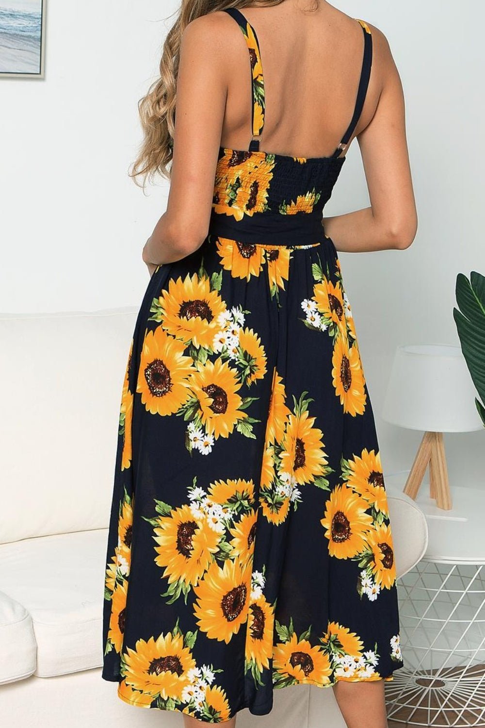 Smocked Sunflower Printed Sleeveless Cami Dress - Luminous Bear
