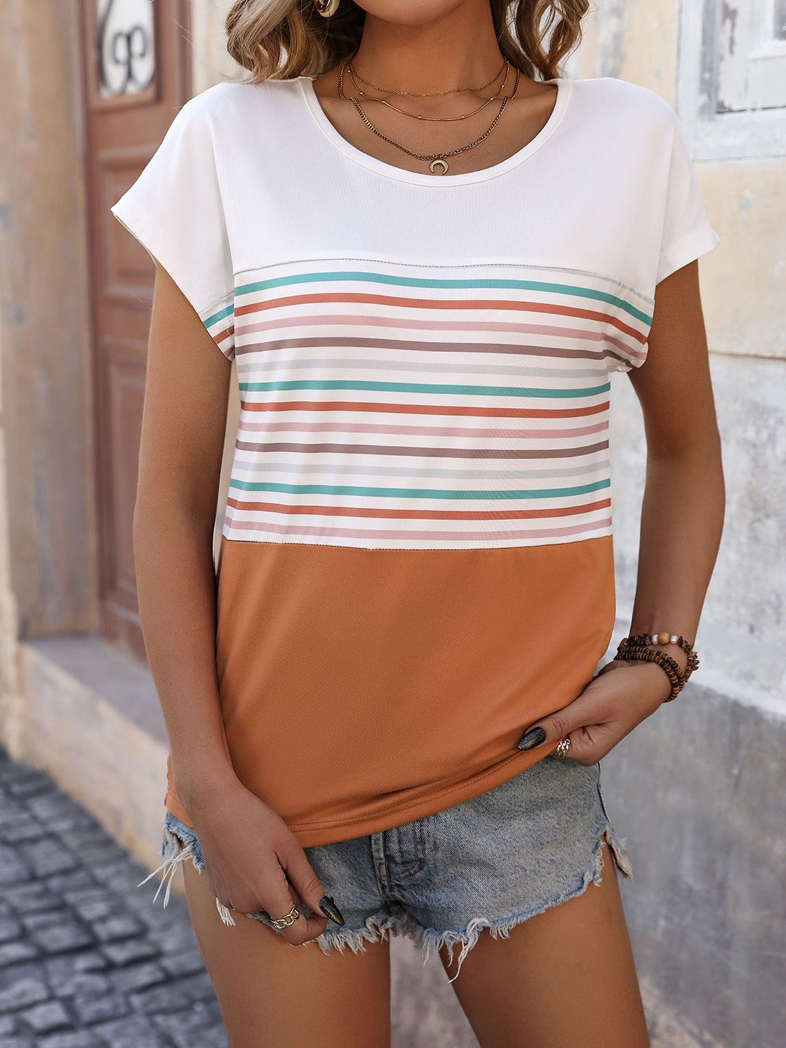 Striped Round Neck Short Sleeve T-Shirt - Luminous Bear