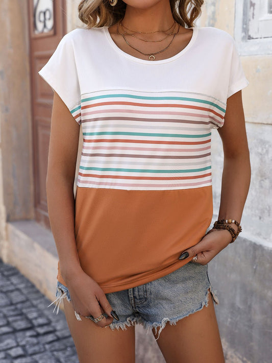 Striped Round Neck Short Sleeve T-Shirt - Luminous Bear