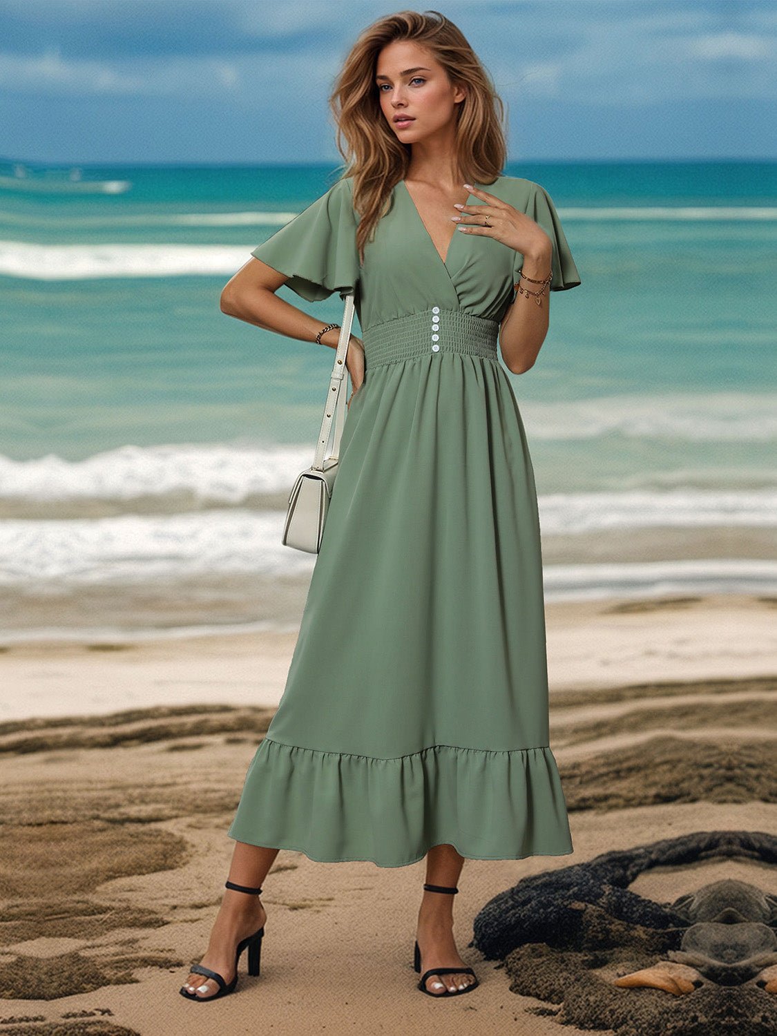 Surplice Flutter Sleeve Midi Dress - Luminous Bear