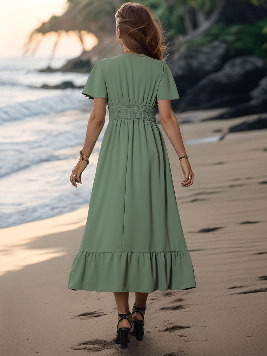 Surplice Flutter Sleeve Midi Dress - Luminous Bear