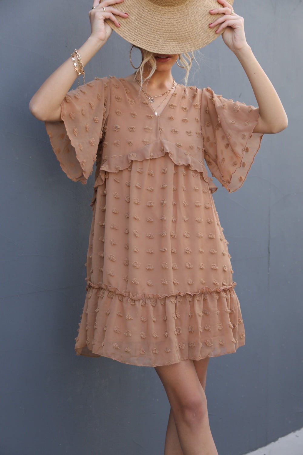 Swiss Dot V-Neck Flutter Sleeve Mini Dress - Luminous Bear
