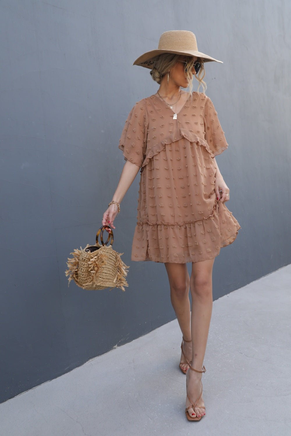 Swiss Dot V-Neck Flutter Sleeve Mini Dress - Luminous Bear