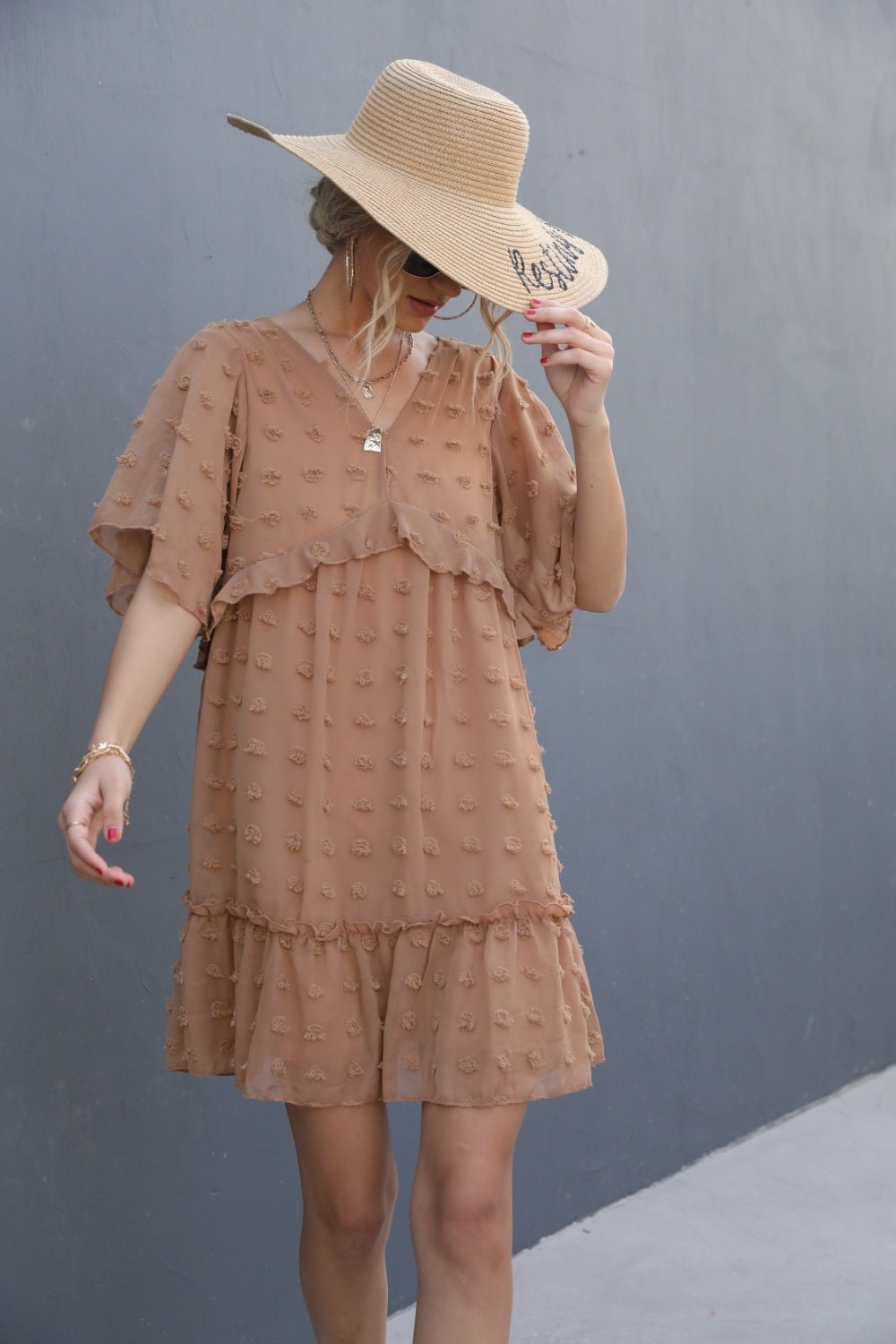 Swiss Dot V-Neck Flutter Sleeve Mini Dress - Luminous Bear