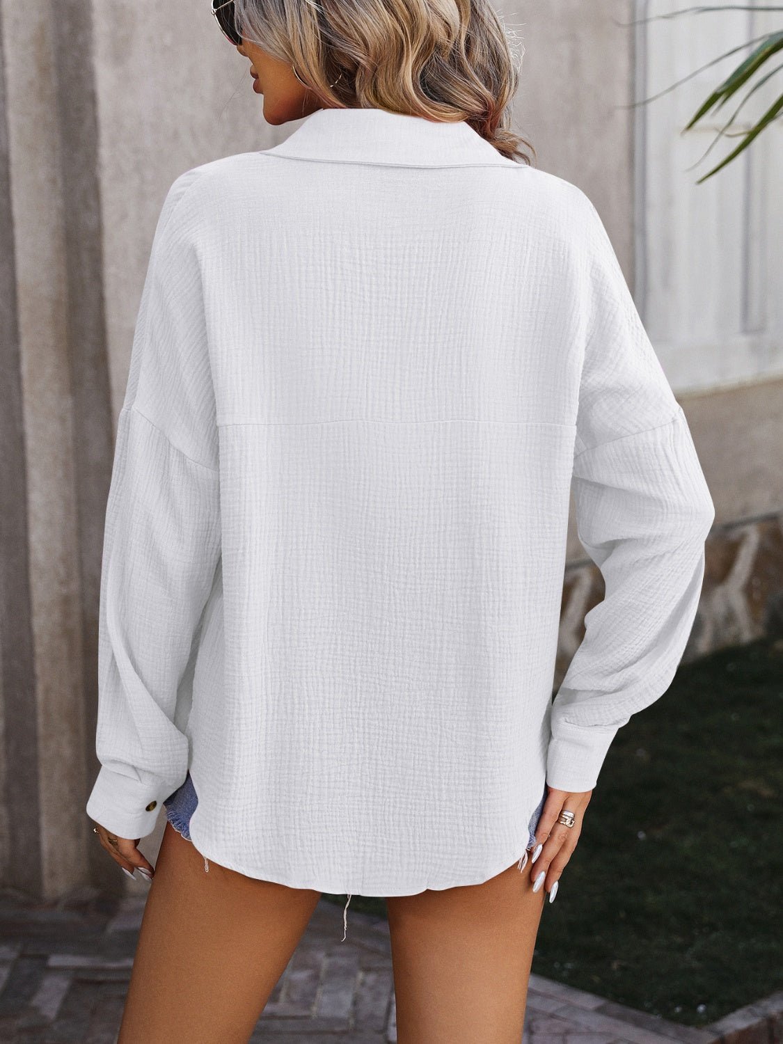 Textured Pocketed Button Up Dropped Shoulder Shirt - Luminous Bear