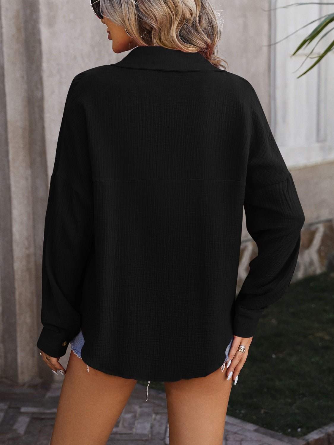 Textured Pocketed Button Up Dropped Shoulder Shirt - Luminous Bear