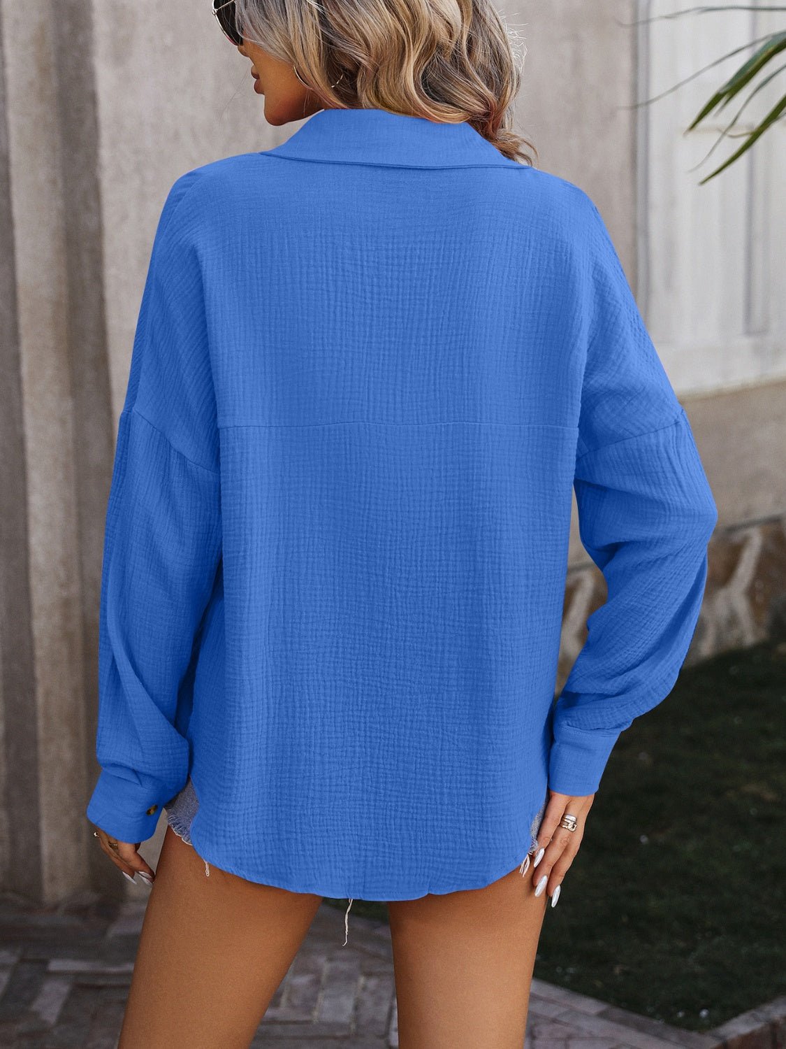 Textured Pocketed Button Up Dropped Shoulder Shirt - Luminous Bear