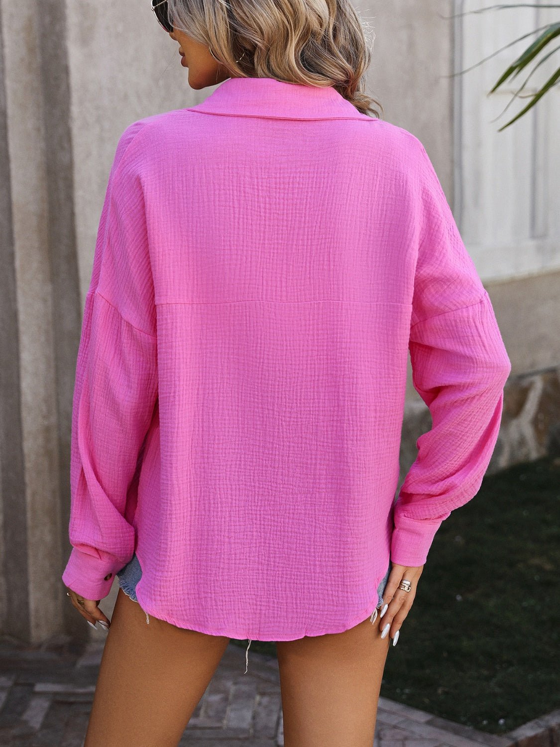 Textured Pocketed Button Up Dropped Shoulder Shirt - Luminous Bear