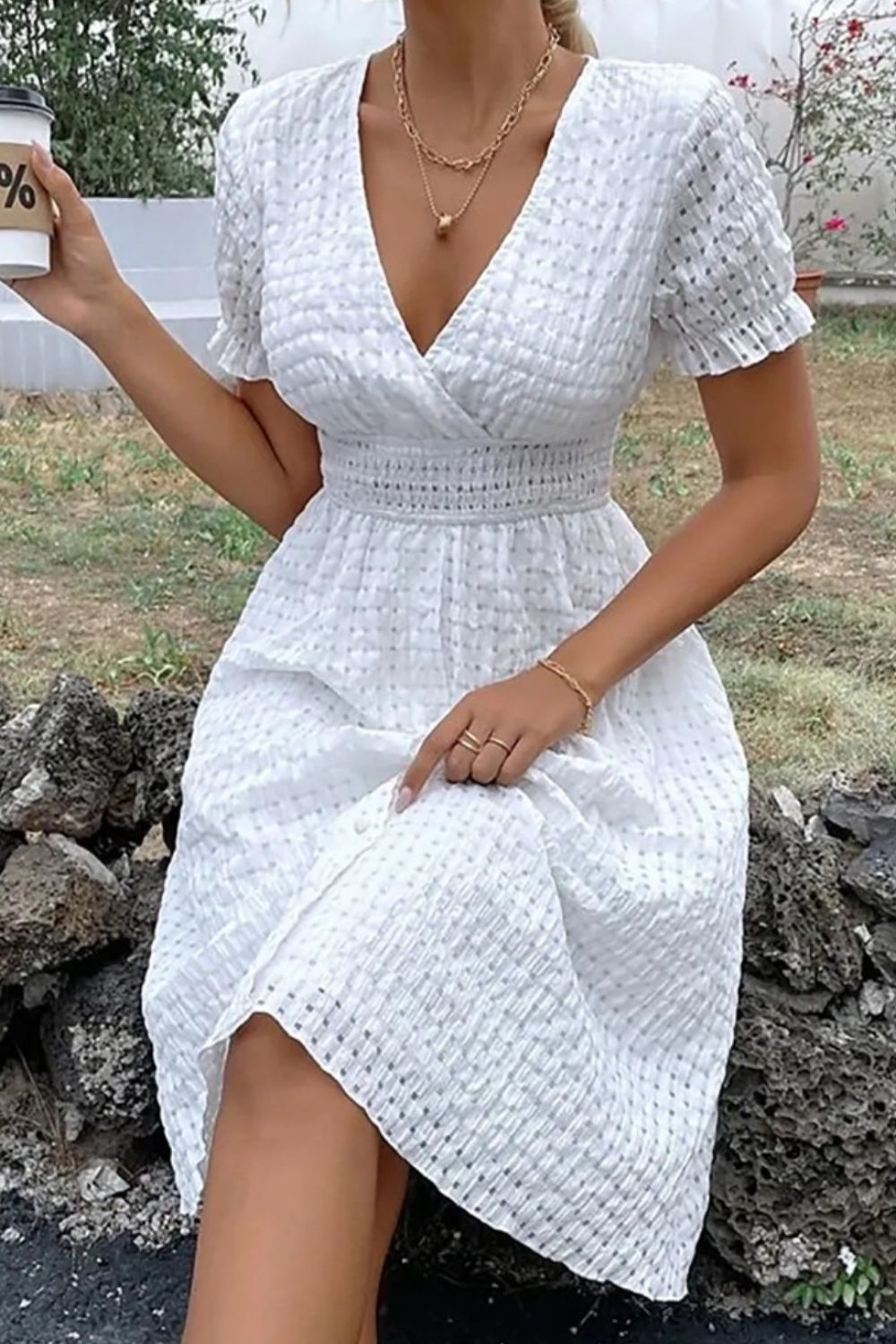 Textured Surplice Short Sleeve Dress - Luminous Bear