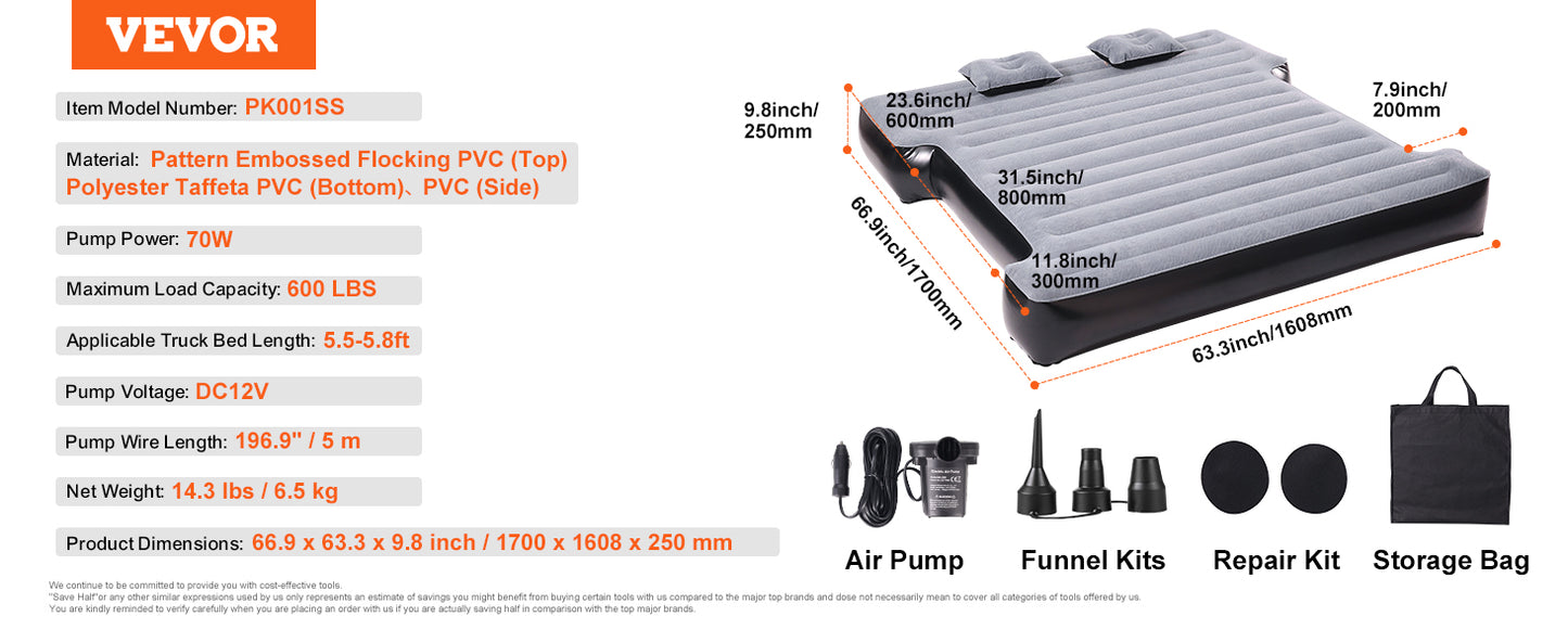 VEVOR Truck Bed Air Mattress, for 5.5-5.8 ft Full Size Short Truck Beds, Inflatable Air Mattress Camping Bed with 12V Air Pump 2 Pillows, Carry Bag, for Silverado, RAM, F Series, Sierra, Titan, Tundra