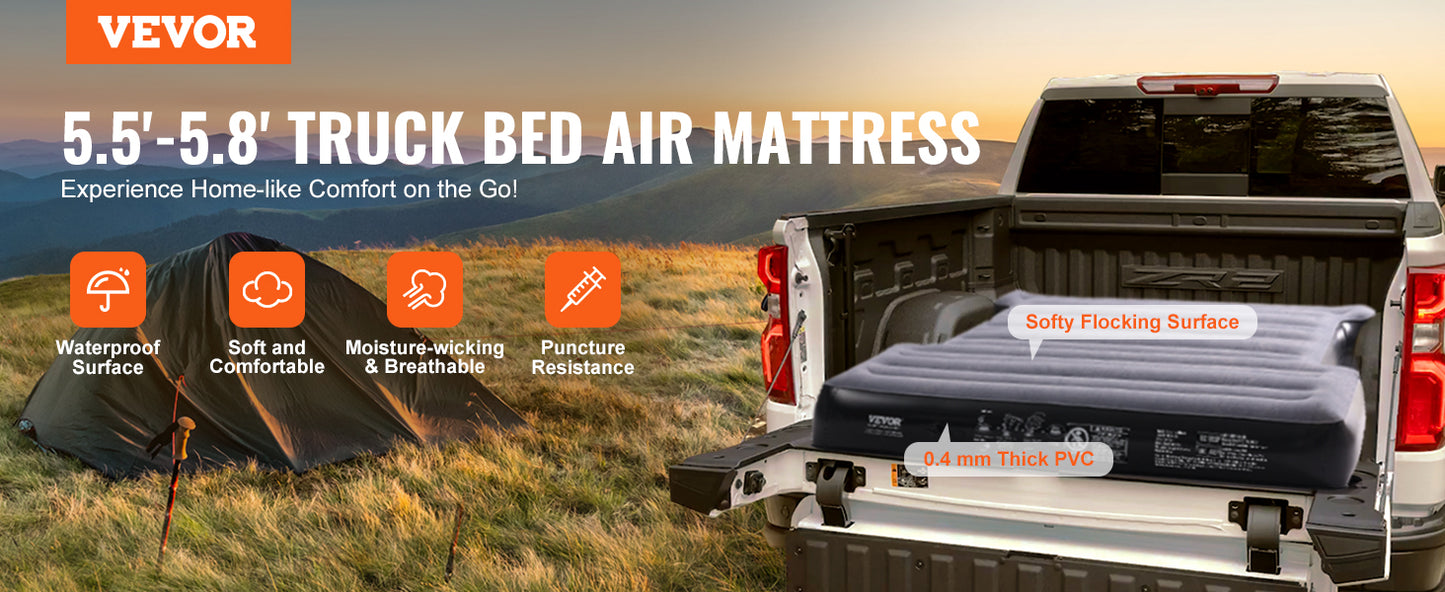 VEVOR Truck Bed Air Mattress, for 5.5-5.8 ft Full Size Short Truck Beds, Inflatable Air Mattress Camping Bed with 12V Air Pump 2 Pillows, Carry Bag, for Silverado, RAM, F Series, Sierra, Titan, Tundra
