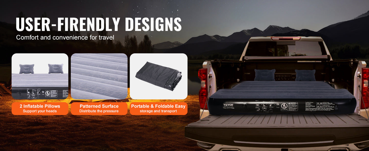 VEVOR Truck Bed Air Mattress, for 5.5-5.8 ft Full Size Short Truck Beds, Inflatable Air Mattress Camping Bed with 12V Air Pump 2 Pillows, Carry Bag, for Silverado, RAM, F Series, Sierra, Titan, Tundra