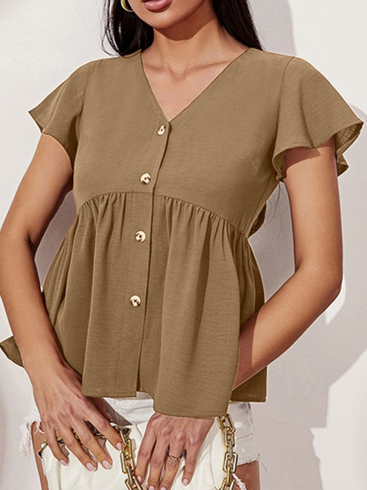 V-Neck Flutter Sleeve Blouse - Luminous Bear