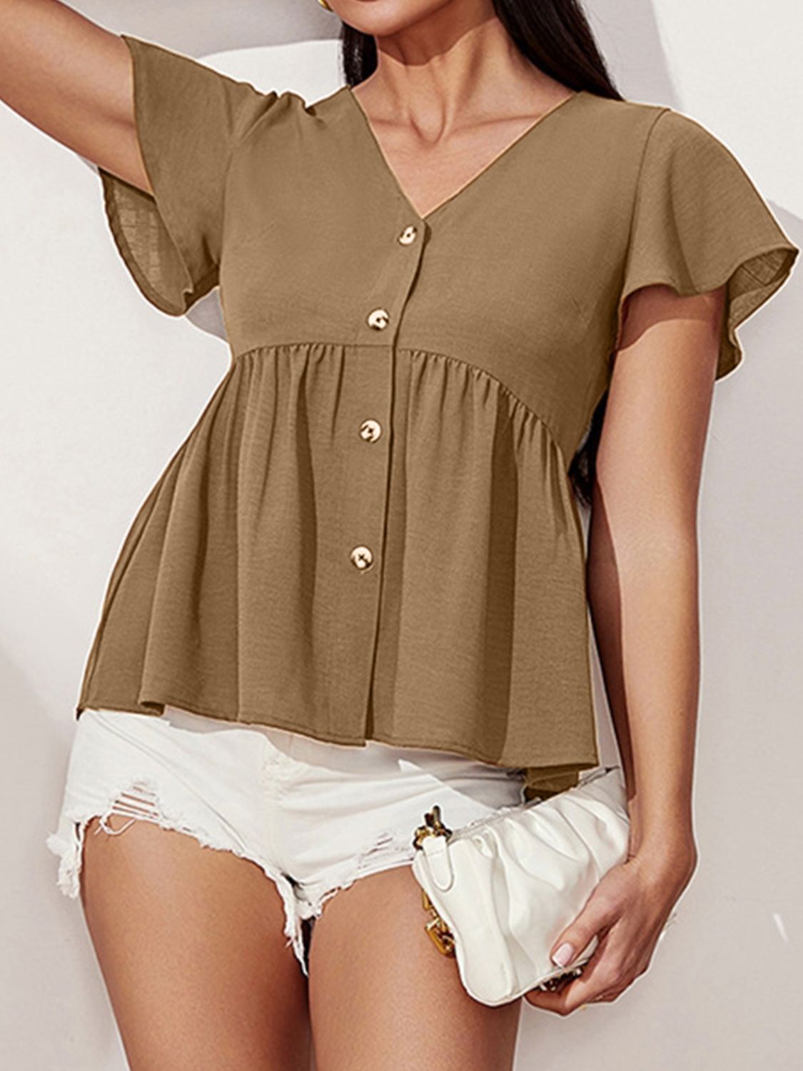 V-Neck Flutter Sleeve Blouse - Luminous Bear